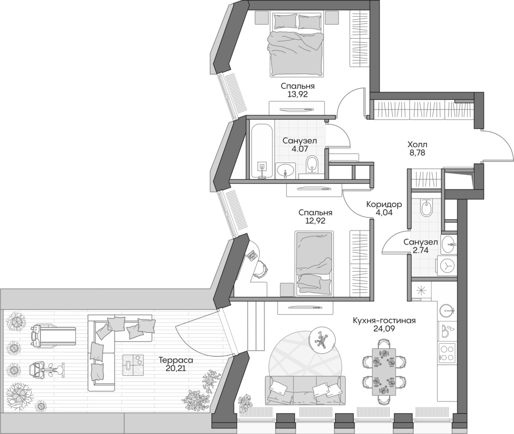 Планировка — Insider, 3-комн., 68 м²