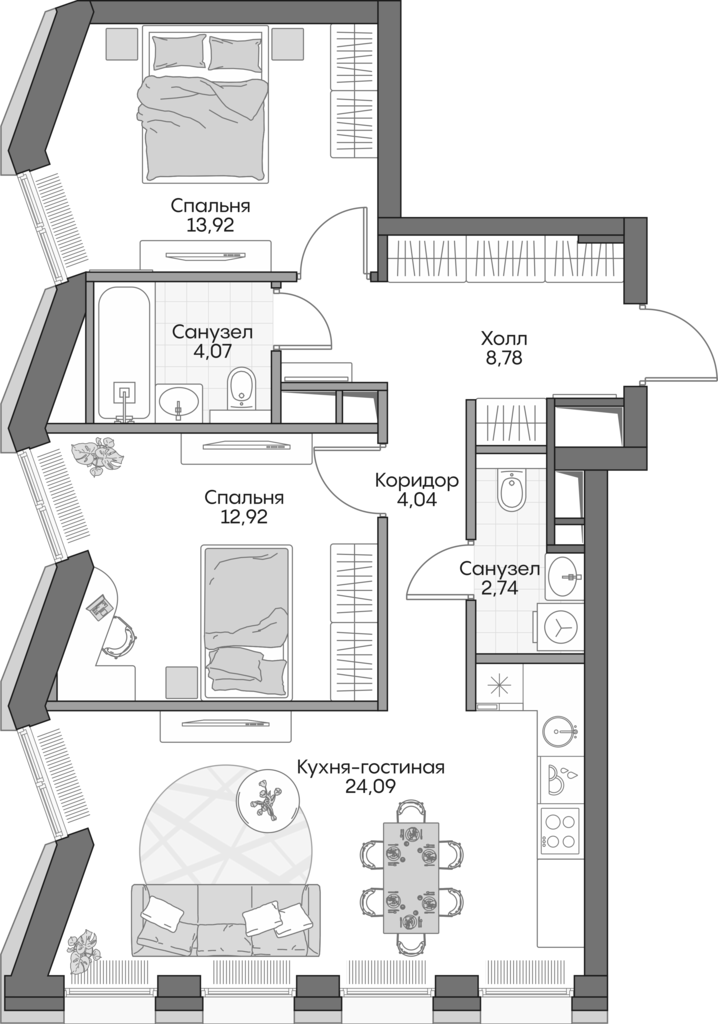 Планировка — Insider, 3-комн., 68 м²