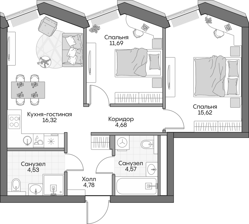 Планировка — Insider, 3-комн., 61 м²