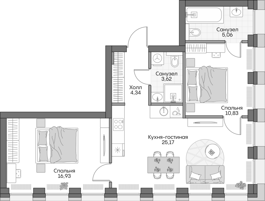 Планировка — Insider, 3-комн., 62 м²