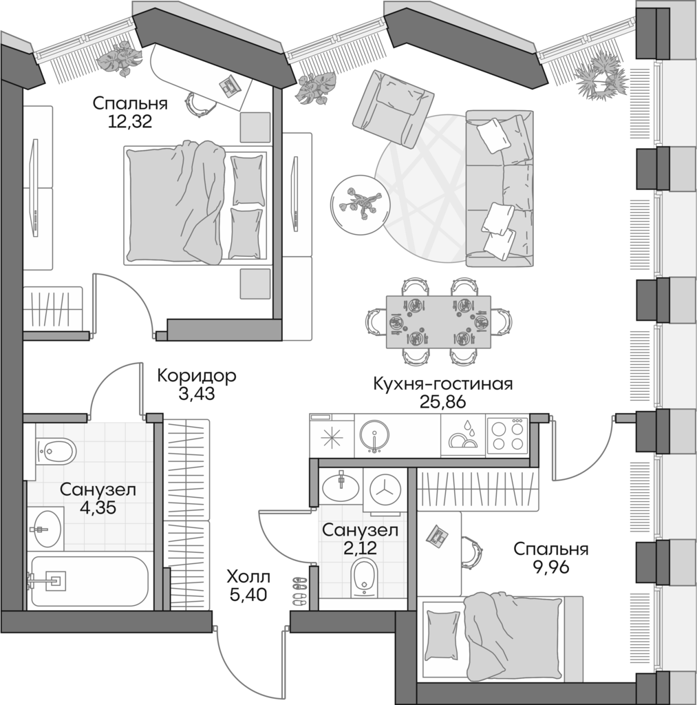 Планировка — Insider, 3-комн., 61 м²