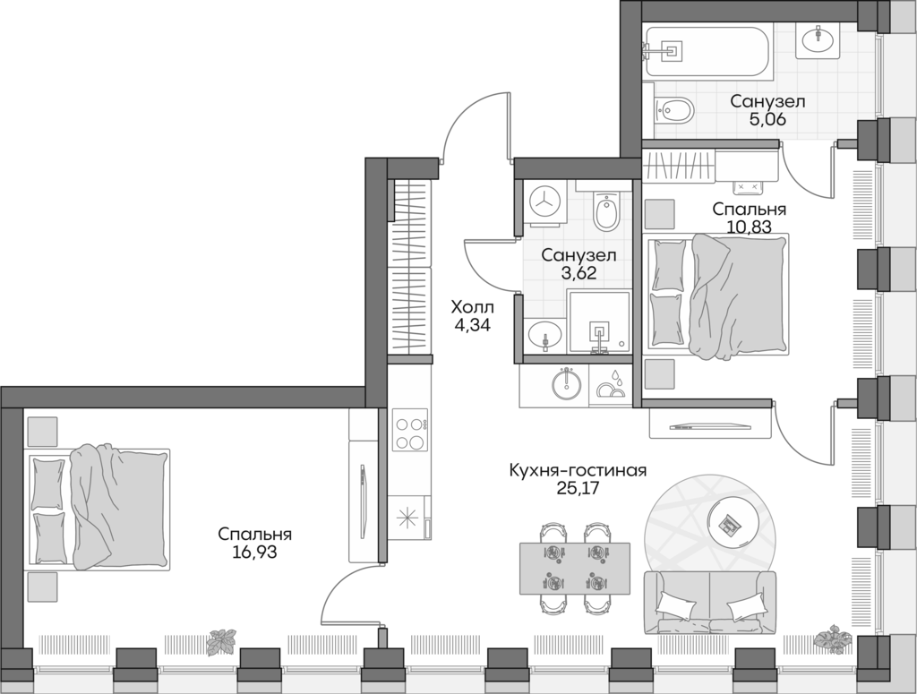 Планировка — Insider, 3-комн., 62 м²