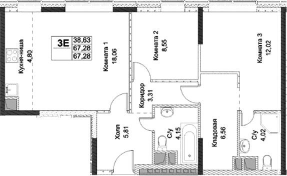Планировка — ФизтехСити, 3-комн., 67 м²