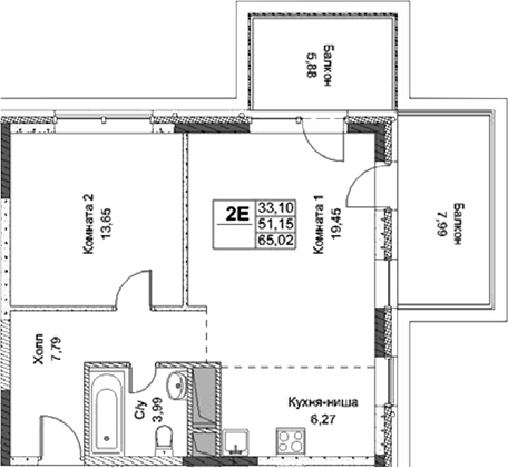 Планировка — ФизтехСити, 2-комн., 51 м²