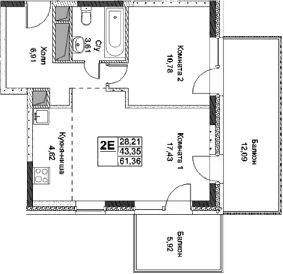 Планировка — ФизтехСити, 2-комн., 43 м²