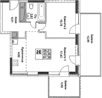 Планировка — ФизтехСити, 2-комн., 43 м²