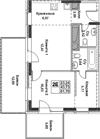 Планировка — ФизтехСити, 2-комн., 44 м²