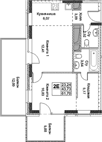 Планировка — ФизтехСити, 2-комн., 44 м²