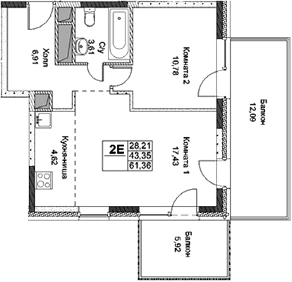 Планировка — ФизтехСити, 2-комн., 43 м²