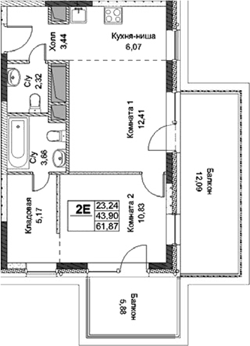 Планировка — ФизтехСити, 2-комн., 44 м²