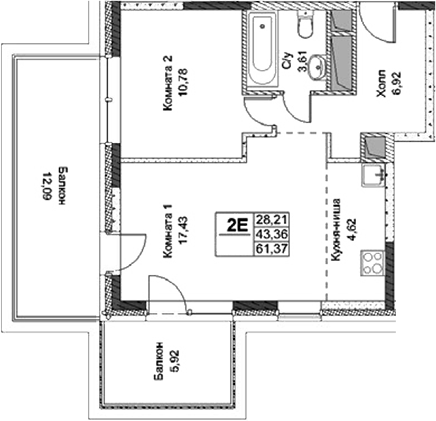 Планировка — ФизтехСити, 2-комн., 43 м²