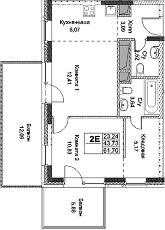 Планировка — ФизтехСити, 2-комн., 44 м²