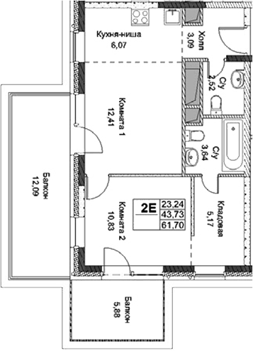Планировка — ФизтехСити, 2-комн., 44 м²