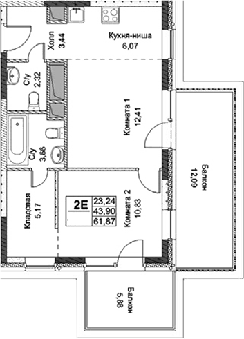 Планировка — ФизтехСити, 2-комн., 44 м²