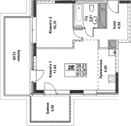 Планировка — ФизтехСити, 2-комн., 43 м²