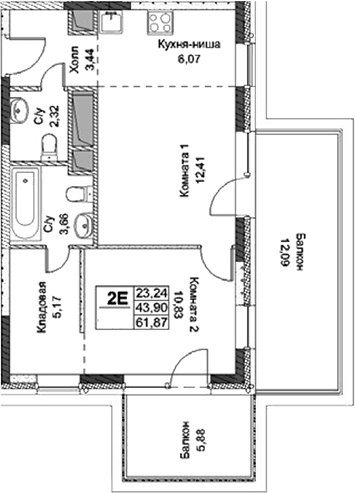 Планировка — ФизтехСити, 2-комн., 44 м²