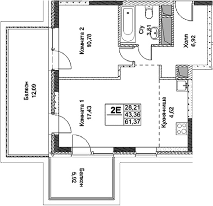 Планировка — ФизтехСити, 2-комн., 43 м²