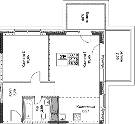 Планировка — ФизтехСити, 2-комн., 51 м²