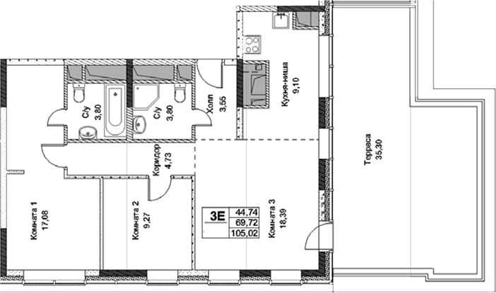 Планировка — ФизтехСити, 3-комн., 70 м²