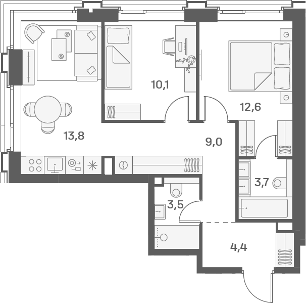 Планировка — PORTLAND, 3-комн., 55 м²