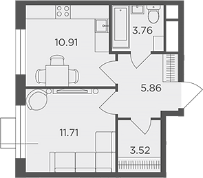 Планировка — Одинград, квартал Семейный, 1-комн., 36 м²
