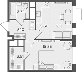 Планировка — Одинград, квартал Семейный, 2-комн., 42 м²