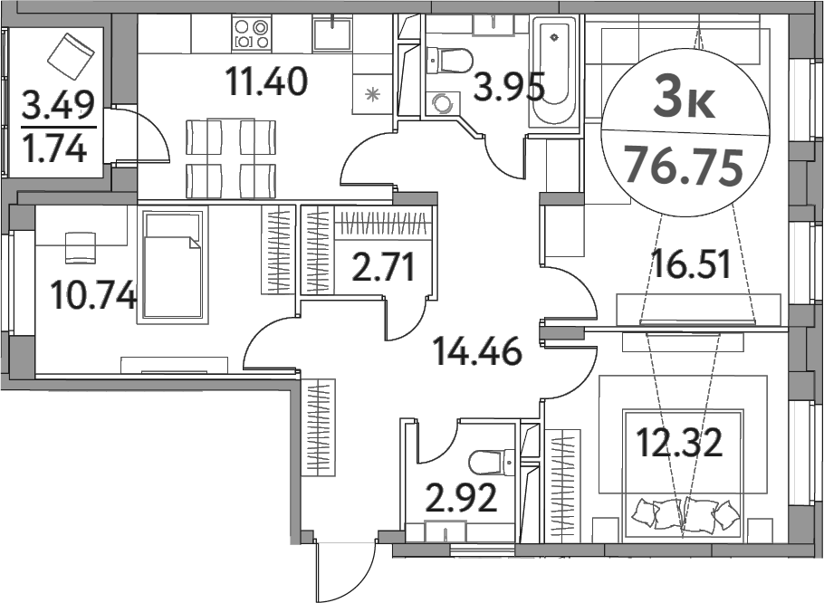 Планировка — Солнечная долина, 3-комн., 75 м²