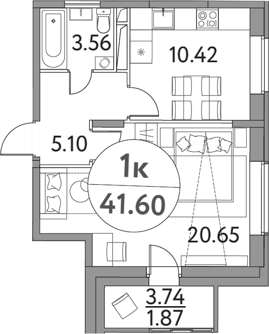 Планировка — Солнечная долина, 1-комн., 40 м²