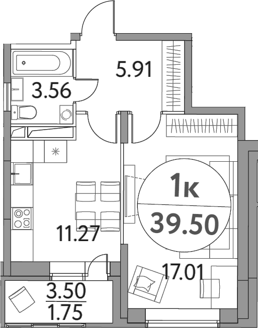Планировка — Солнечная долина, 1-комн., 38 м²