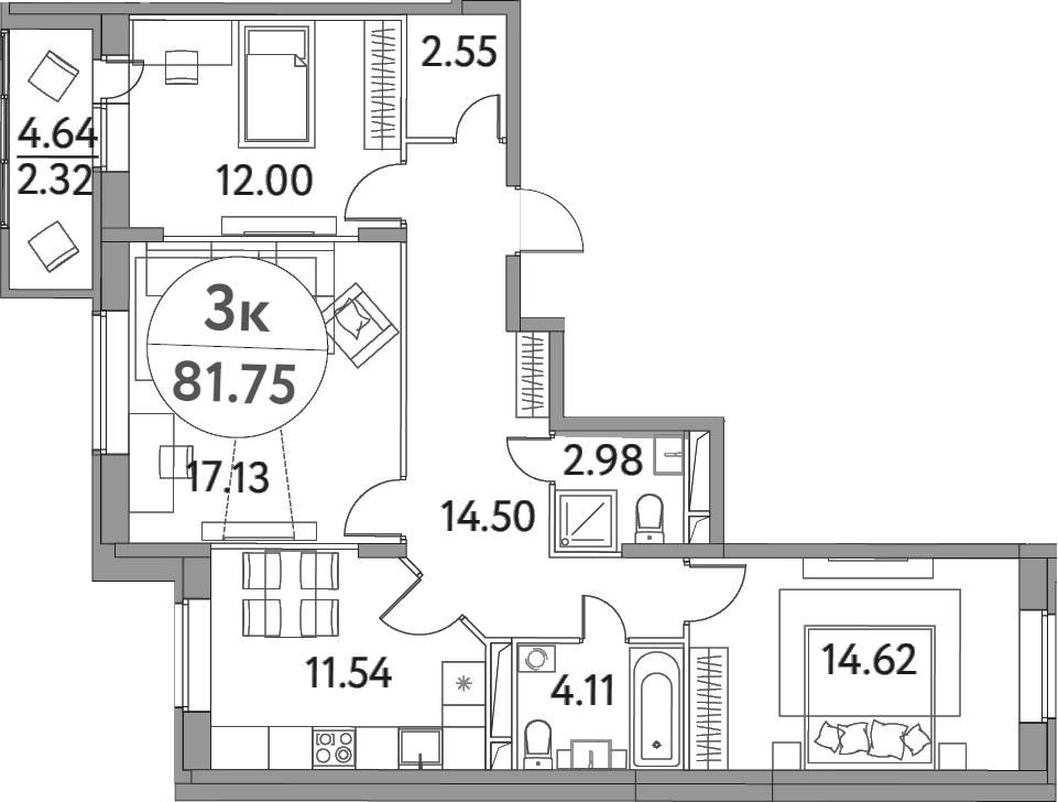 Планировка — Солнечная долина, 3-комн., 79 м²