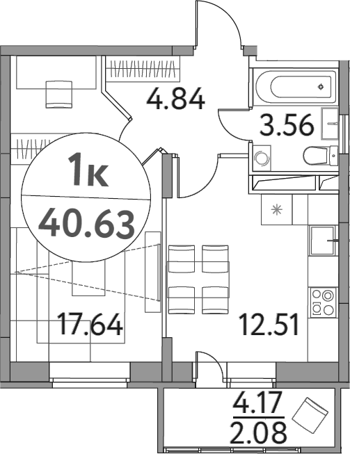 Планировка — Солнечная долина, 1-комн., 39 м²