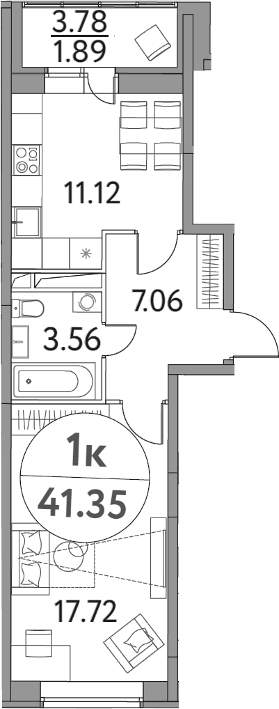 Планировка — Солнечная долина, 1-комн., 39 м²