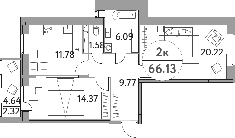Планировка — Солнечная долина, 2-комн., 64 м²