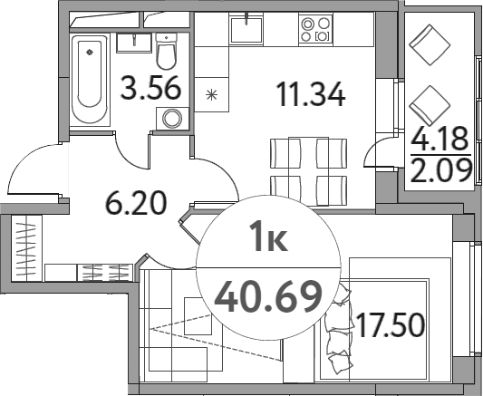 Планировка — Солнечная долина, 1-комн., 39 м²
