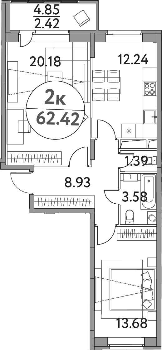 Планировка — Солнечная долина, 2-комн., 60 м²