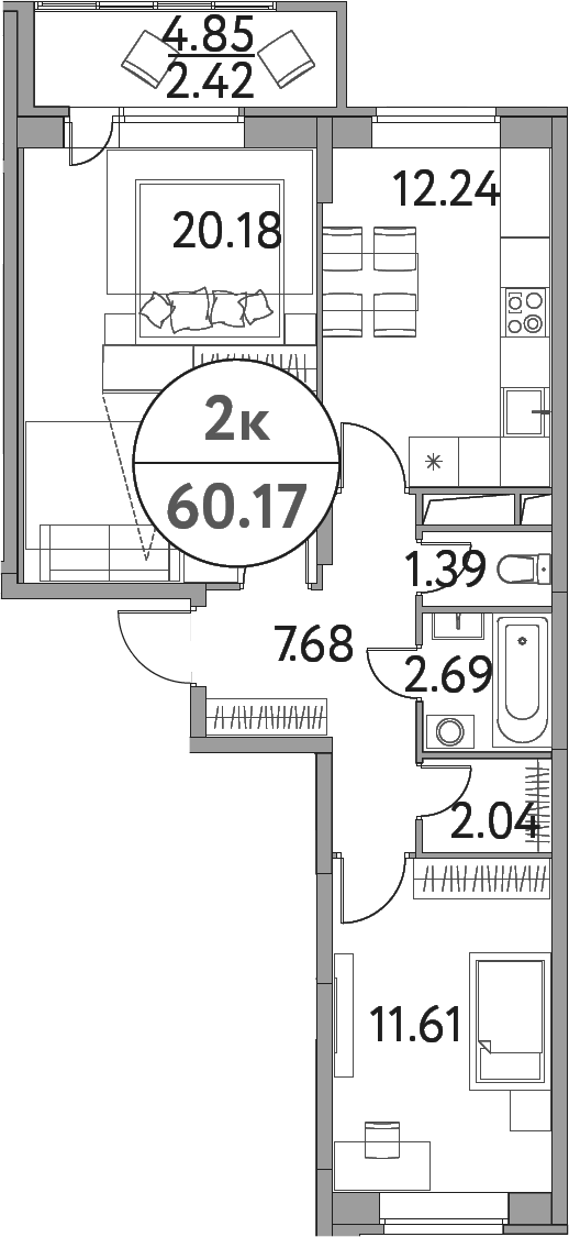 Планировка — Солнечная долина, 2-комн., 58 м²