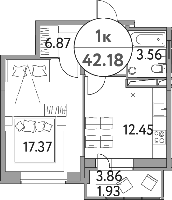 Планировка — Солнечная долина, 1-комн., 40 м²