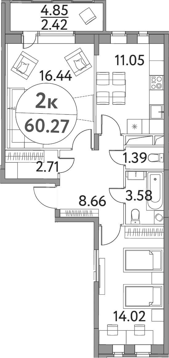 Планировка — Солнечная долина, 2-комн., 58 м²