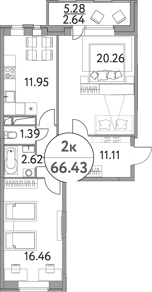 Планировка — Солнечная долина, 2-комн., 64 м²