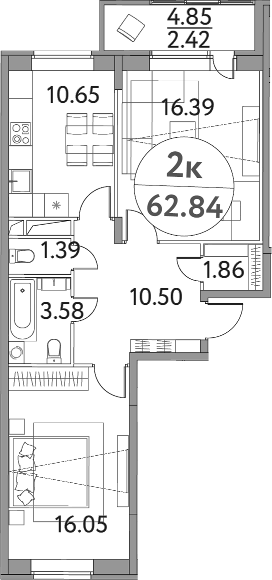 Планировка — Солнечная долина, 2-комн., 60 м²