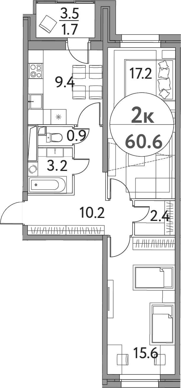 Планировка — Солнечная долина, 2-комн., 59 м²