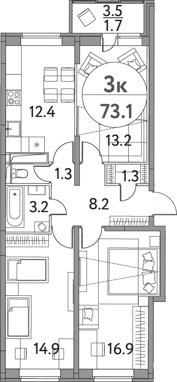 Планировка — Солнечная долина, 3-комн., 71 м²