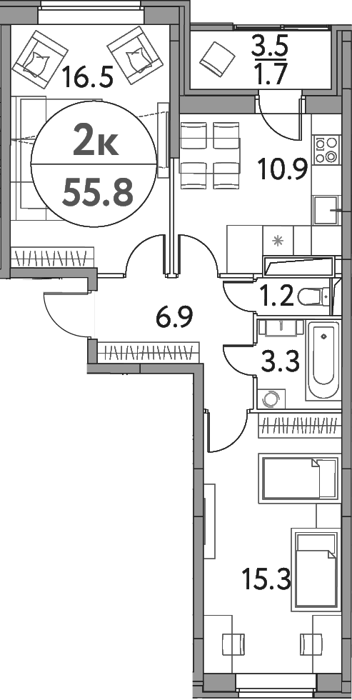 Планировка — Солнечная долина, 2-комн., 54 м²