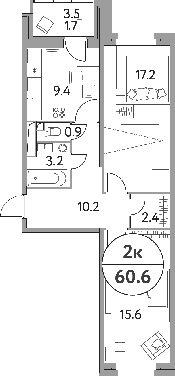 Планировка — Солнечная долина, 2-комн., 59 м²
