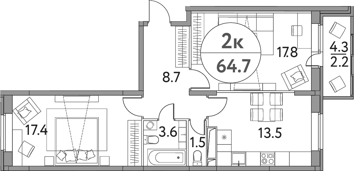 Планировка — Солнечная долина, 2-комн., 63 м²