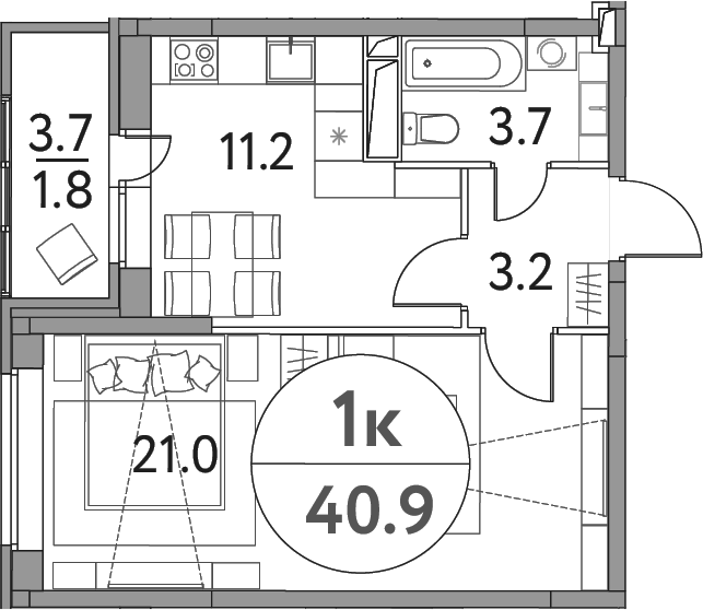 Планировка — Солнечная долина, 1-комн., 39 м²