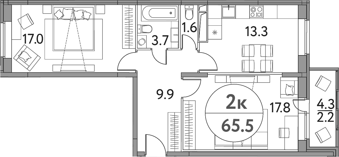 Планировка — Солнечная долина, 2-комн., 63 м²