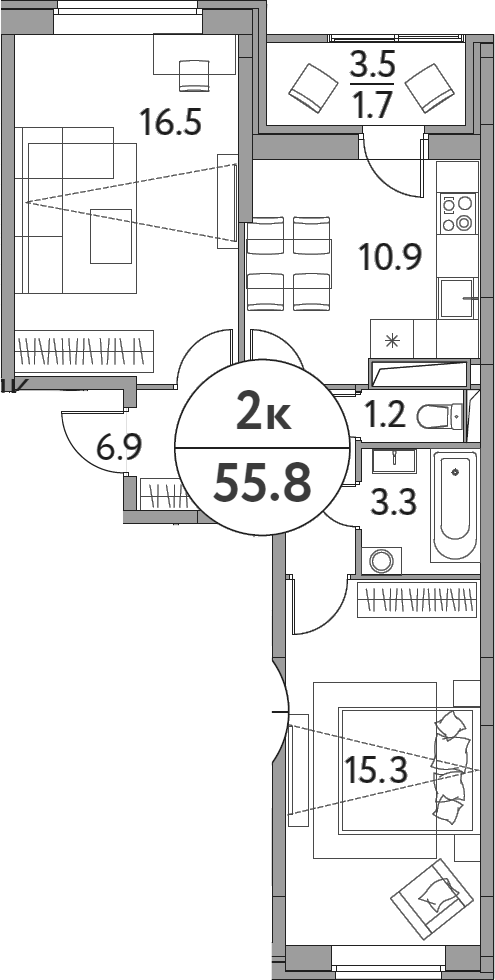 Планировка — Солнечная долина, 2-комн., 54 м²