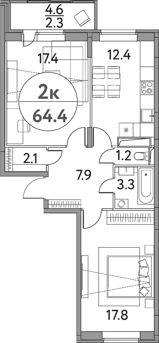 Планировка — Солнечная долина, 2-комн., 62 м²