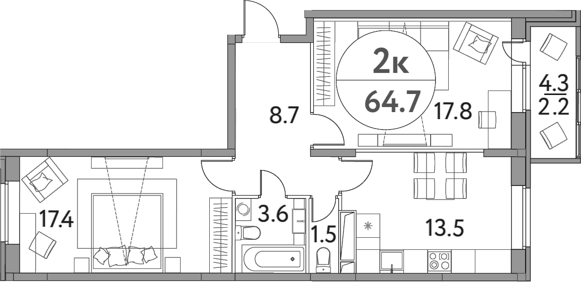 Планировка — Солнечная долина, 2-комн., 63 м²